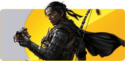 كتلة صورة ابحث عن اللعبة المثالية التالية التي تُظهر عمل فني من لعبة Ghost of Tsushima مع شخصية تحمل سلاحًا.