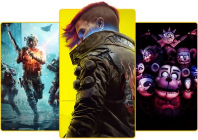 Immagine principale della pagina Novità di PlayStation Plus con l'illustrazione di Cyberpunk 2077 e una varietà di altri giochi offerti sul servizio