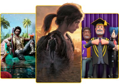 PlayStation Plus What's New page hero image featuring The Last of Us Part I, Dead Island 2 and Two Point Campus.