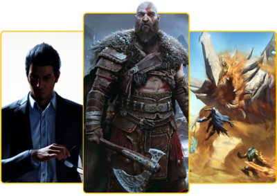 PlayStation Plus What's New page hero image featuring God of War Ragnorak, Like a Dragon Ishin! and Atlas Fallen.