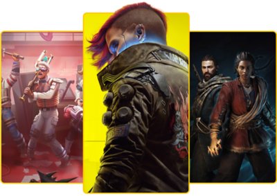 PlayStation Plus What's New page hero image featuring Cyberpunk 2077 key art with variety of other games offered on the service