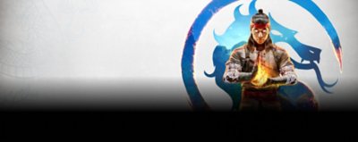 mortal kombat 1 store art featuring main character in blue circle and grey background while holding a fire ball