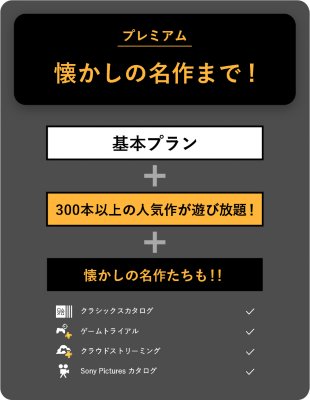 プレミアム 懐かしの名作まで！ 基本プラン＋300本以上の人気作が遊び放題！＋懐かしの名作たちも!!