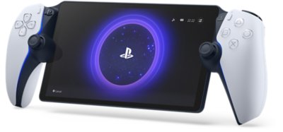Konsola przenośna PlayStation Portal z fioletowym kółkiem i logo PS na ekranie
