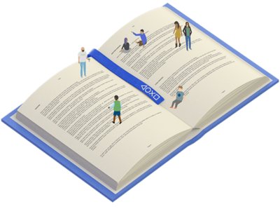 Tiny cartoon people walking on pages of a large open book