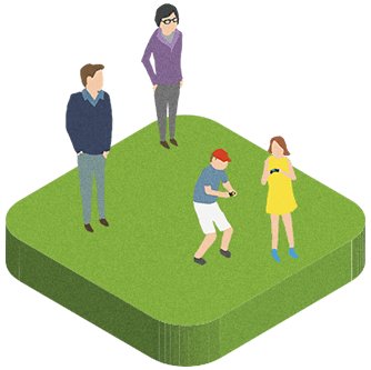 Ilustración animada de padres que miran a sus dos hijos jugando con controles PlayStation