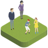 PlayStationのコントローラーで遊ぶ2人の子供を見守る親のイラスト