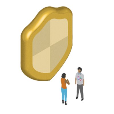 Tiny cartoon people next to a large shield