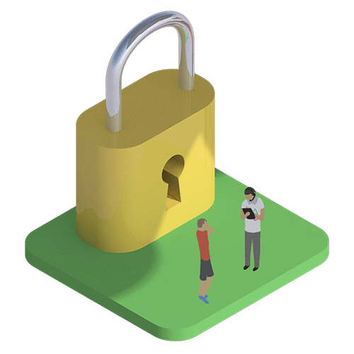 Illustration of two people next to a large padlock