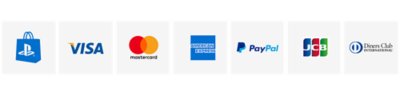 PlayStation®Storeのロゴ、Visaのロゴ、Mastercardのロゴ、American Expressのロゴ、Paypalのロゴ。