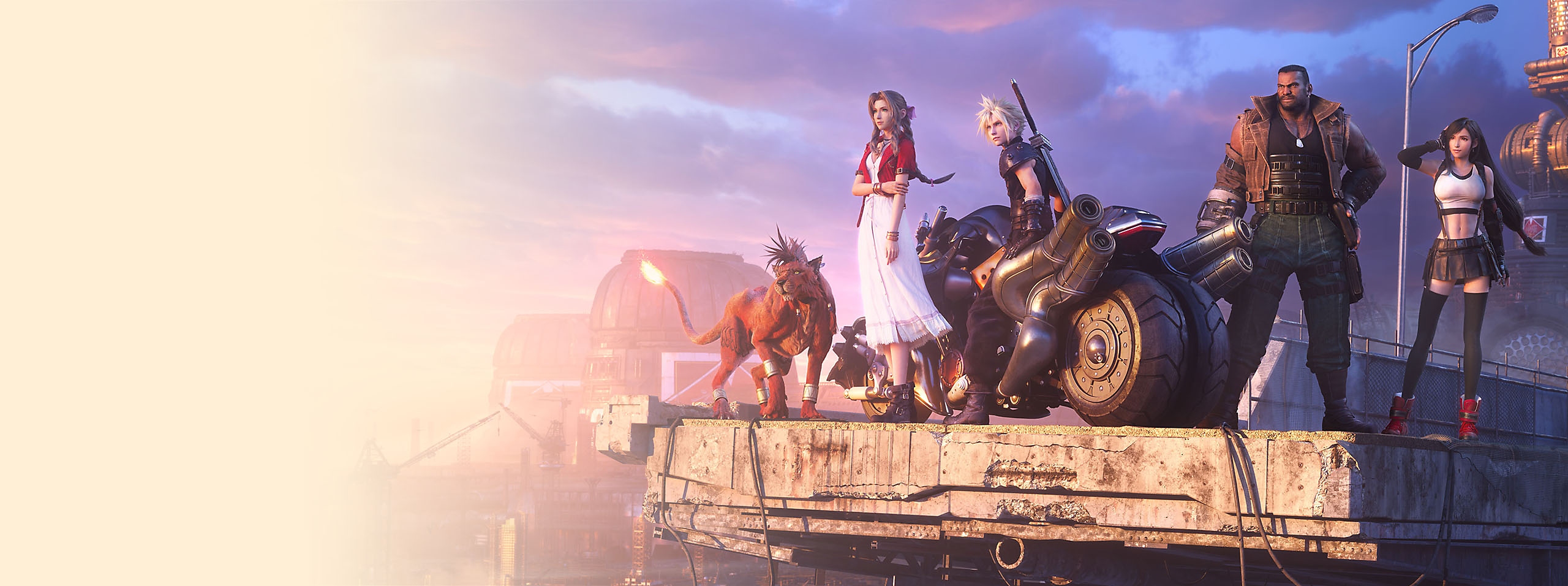 Key art for Final Fantasy VII Remake, featuring (left-to-right) Red XIII, Aerith, Cloud and Barret.