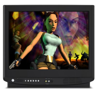 Lara Croft from Tomb Raider in 90s style TV