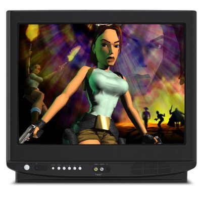 Lara Croft de Tomb Raider en un televisor de tubo