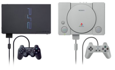 PS1 and PS2 consoles side by side with their controllers