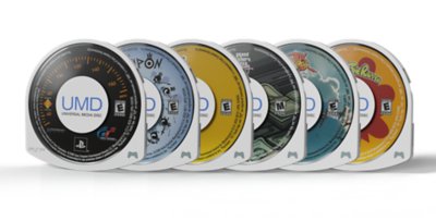 PSP UMD game discs in a row