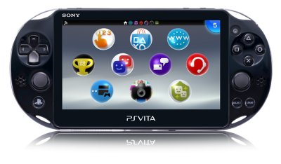 PS Vita console showing user interface with content bubbles