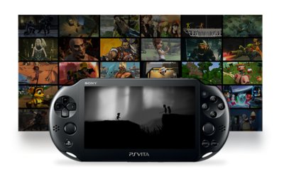 PS Vita console in front of a montage of indie games