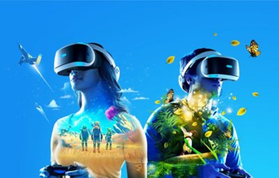 2 PS VR players surrounded by gameplay artwork