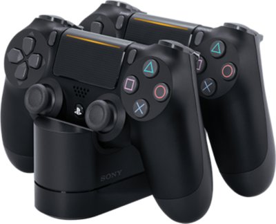 Two black Dualshock 4 controllers on a black charging station