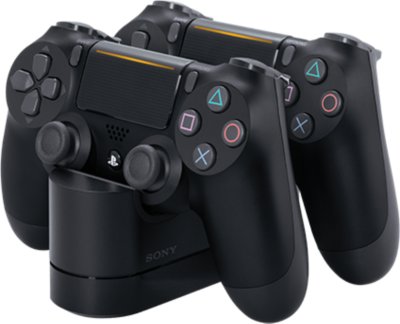 黒い充電スタンドに置かれた黒いDUALSHOCK 4コントローラー2台