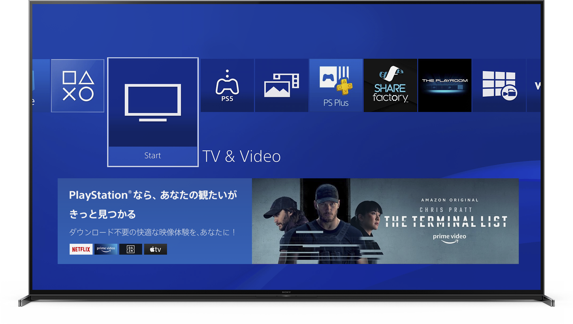PS4のユーザーインターフェースを表示しているテレビ画面