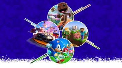 Artwork nejlepších dětských a rodinných her s hrami Minecraft, Sonic Superstars, Lego 2K Drive a Sackboy: A Big Adventure