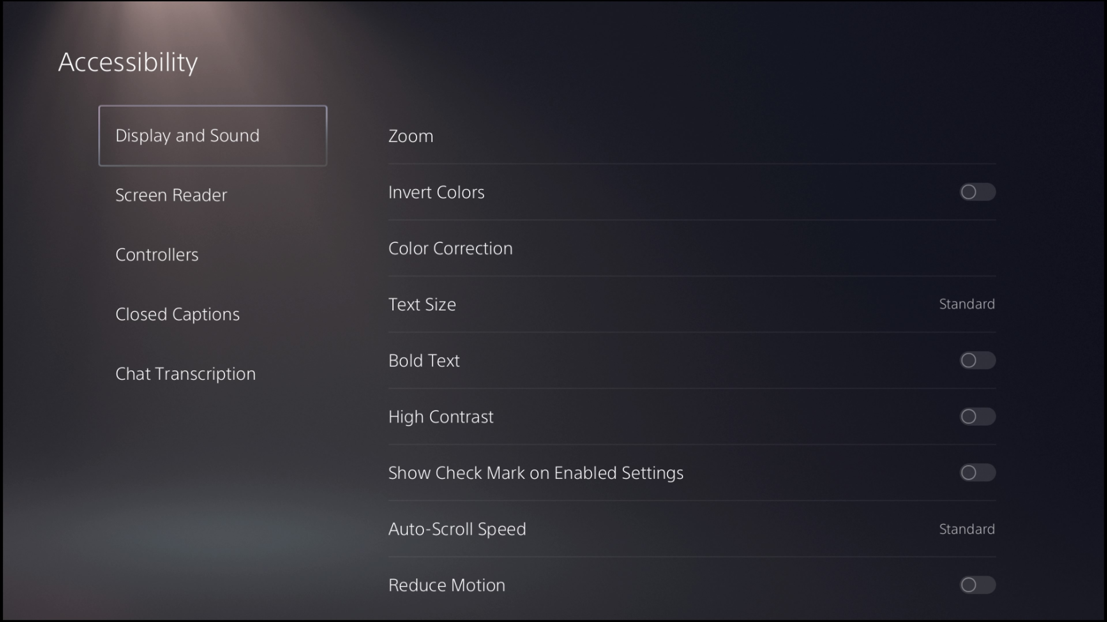 Zrzut ekranu interfejsu użytkownika PS5 z ustawieniami ekranu i dźwięku