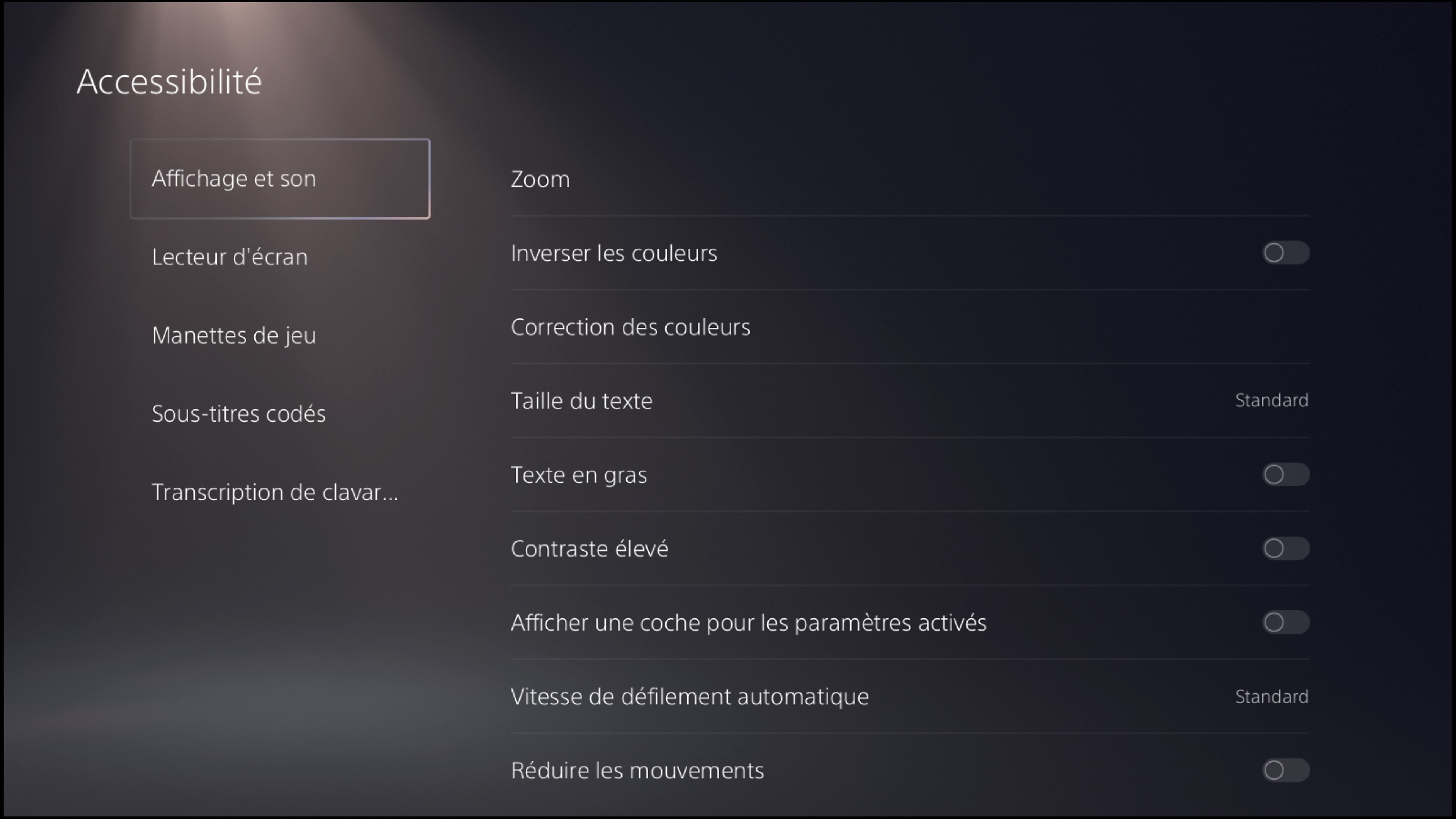 Capture d'écran de l'interface utilisateur sur PS5 - options d'affichage