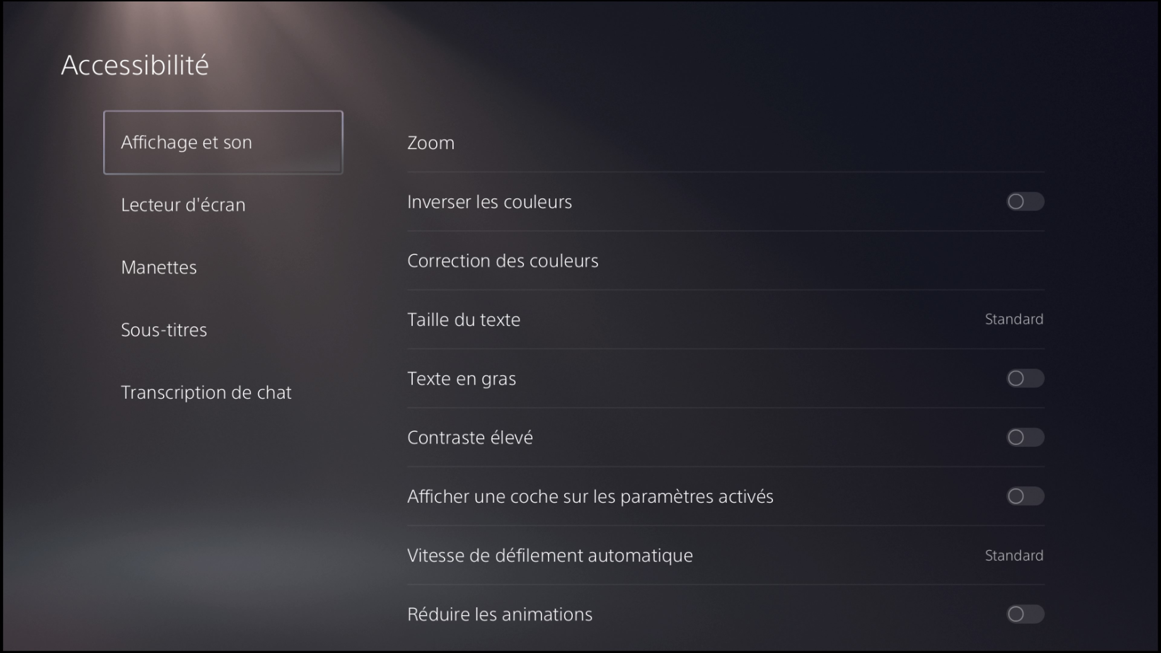 Capture d'écran des paramètres d'affichage et de son dans l'interface utilisateur PS5
