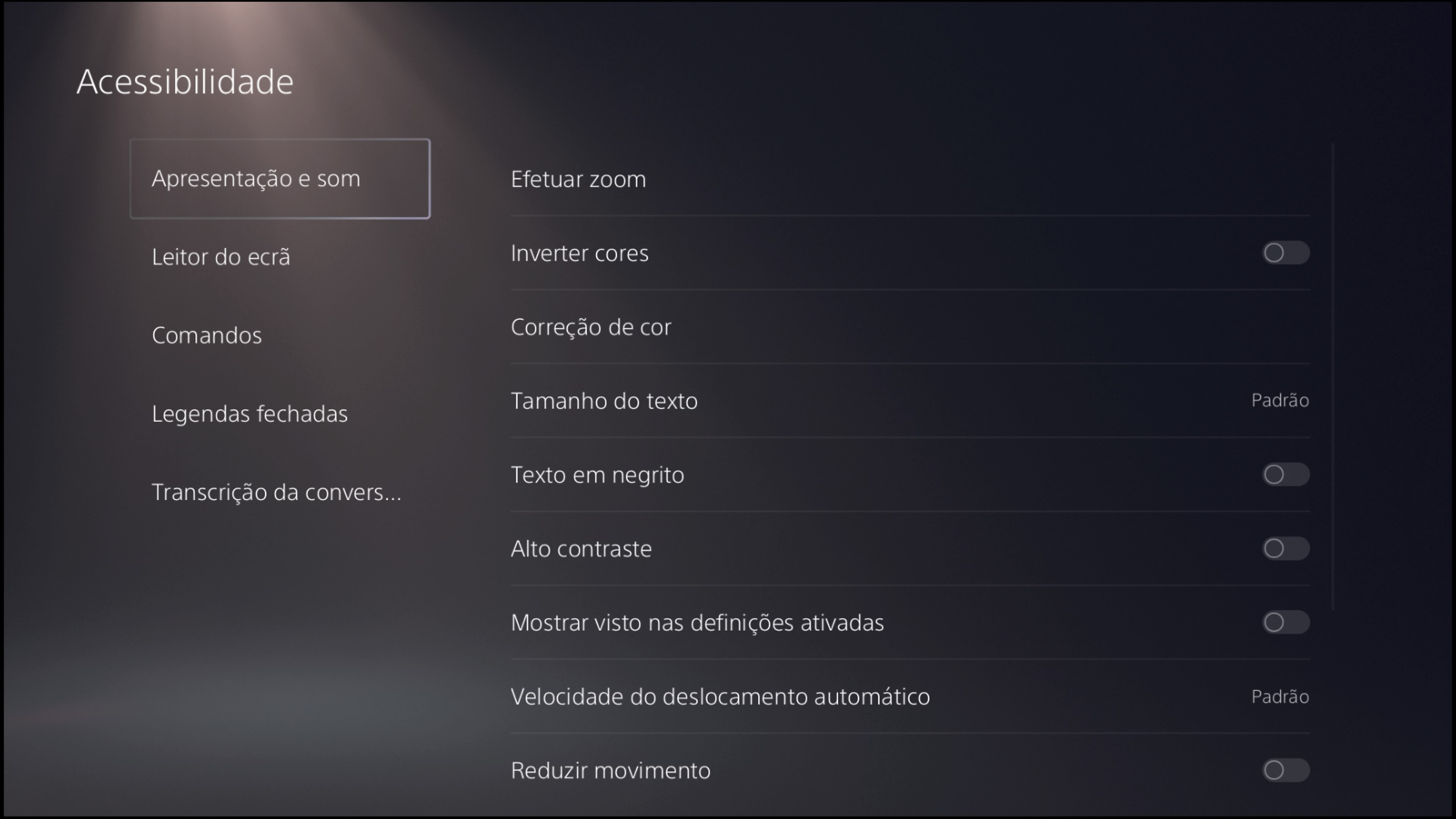 Captura de ecrã da interface de utilizador da PS5 nas definições de ecrã e som