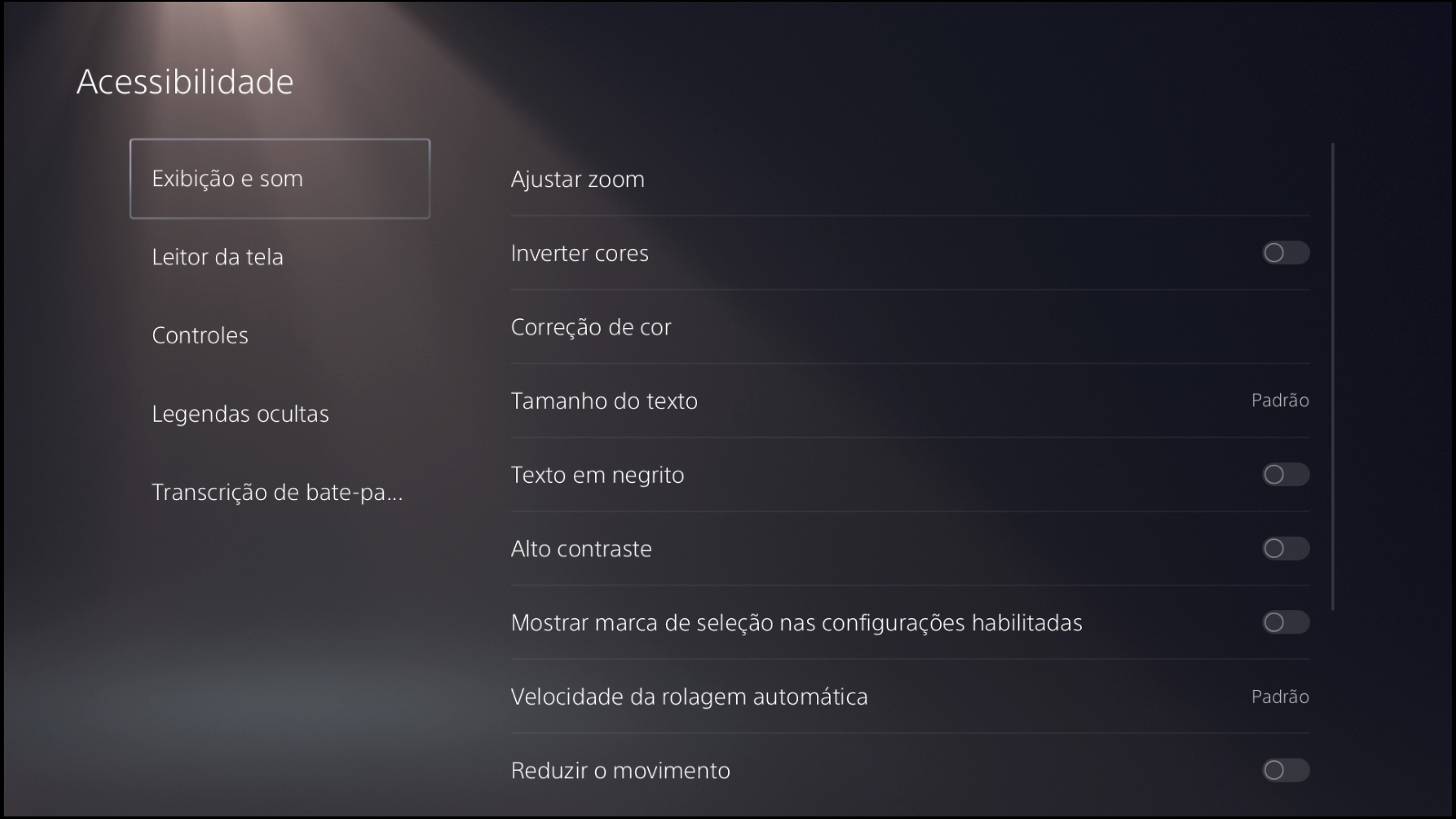 Captura de tela da interface do usuário do PS5 com as configurações de imagem e som