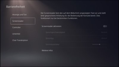 Screenshot der PS5-Benutzeroberfläche für Screenreader-Funktionen