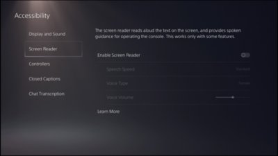 Snímek obrazovky uživatelského rozhraní PS5 pro funkce čtečky obrazovky