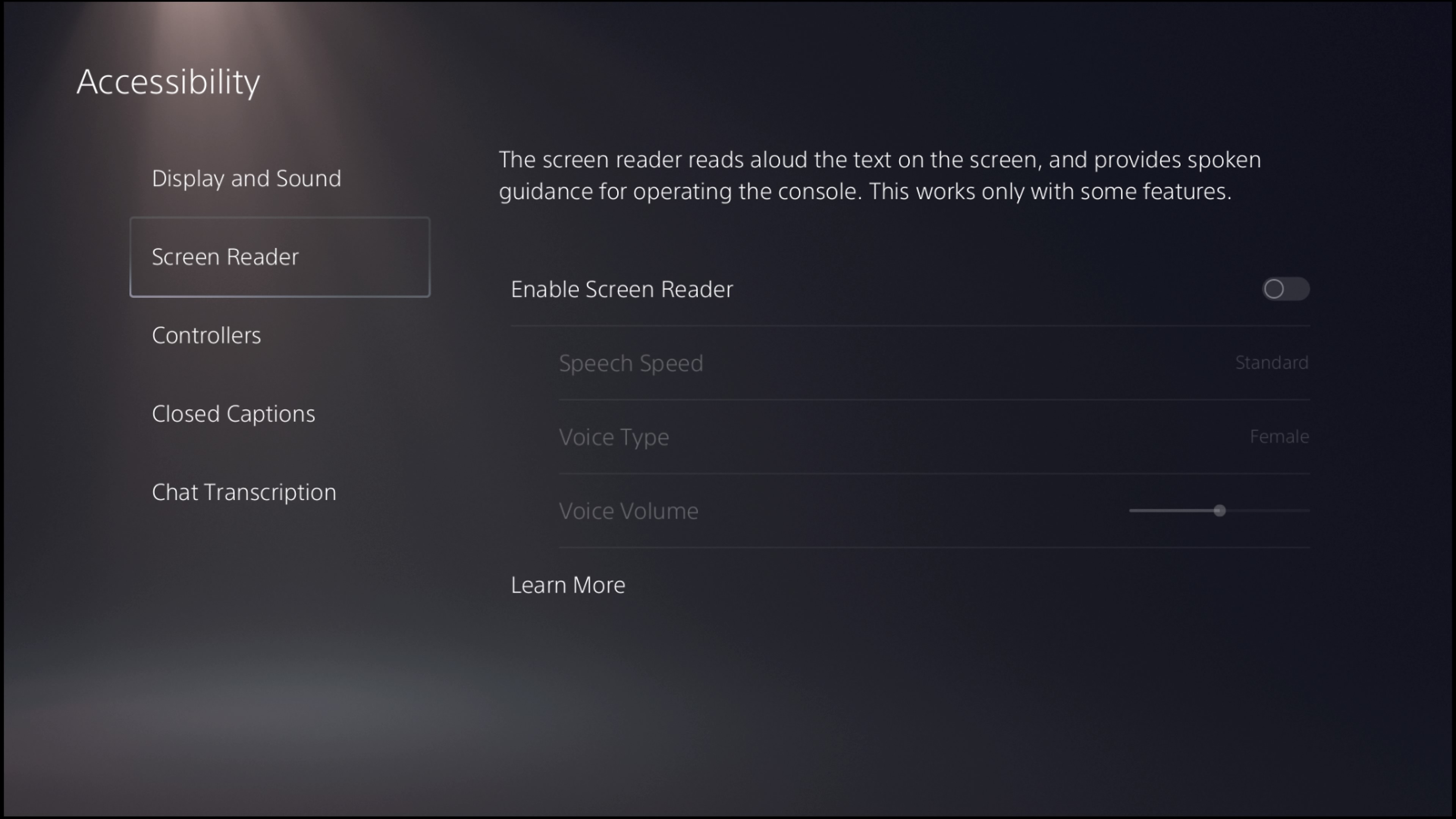 Posnetek zaslona PS5 uporabniškega vmesnika za funkcije bralnika zaslona