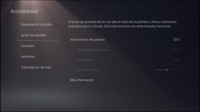 Captura de pantalla de la interfaz de usuario de PS5 con las funciones del lector de pantalla