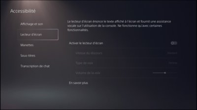 Capture d'écran des paramètres du lecteur d'écran dans l'interface utilisateur PS5