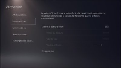 Capture d'écran de l'interface utilisateur sur PS5 - fonctions du lecteur d'écran