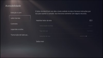 Captura de tela da interface do usuário do PS5 com as configurações do leitor da tela