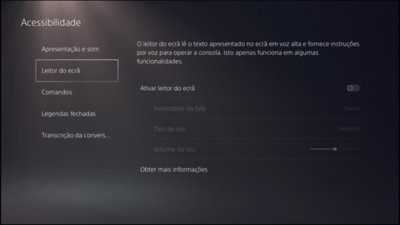 Captura de ecrã da interface de utilizador da PS5 nas funções de leitor do ecrã