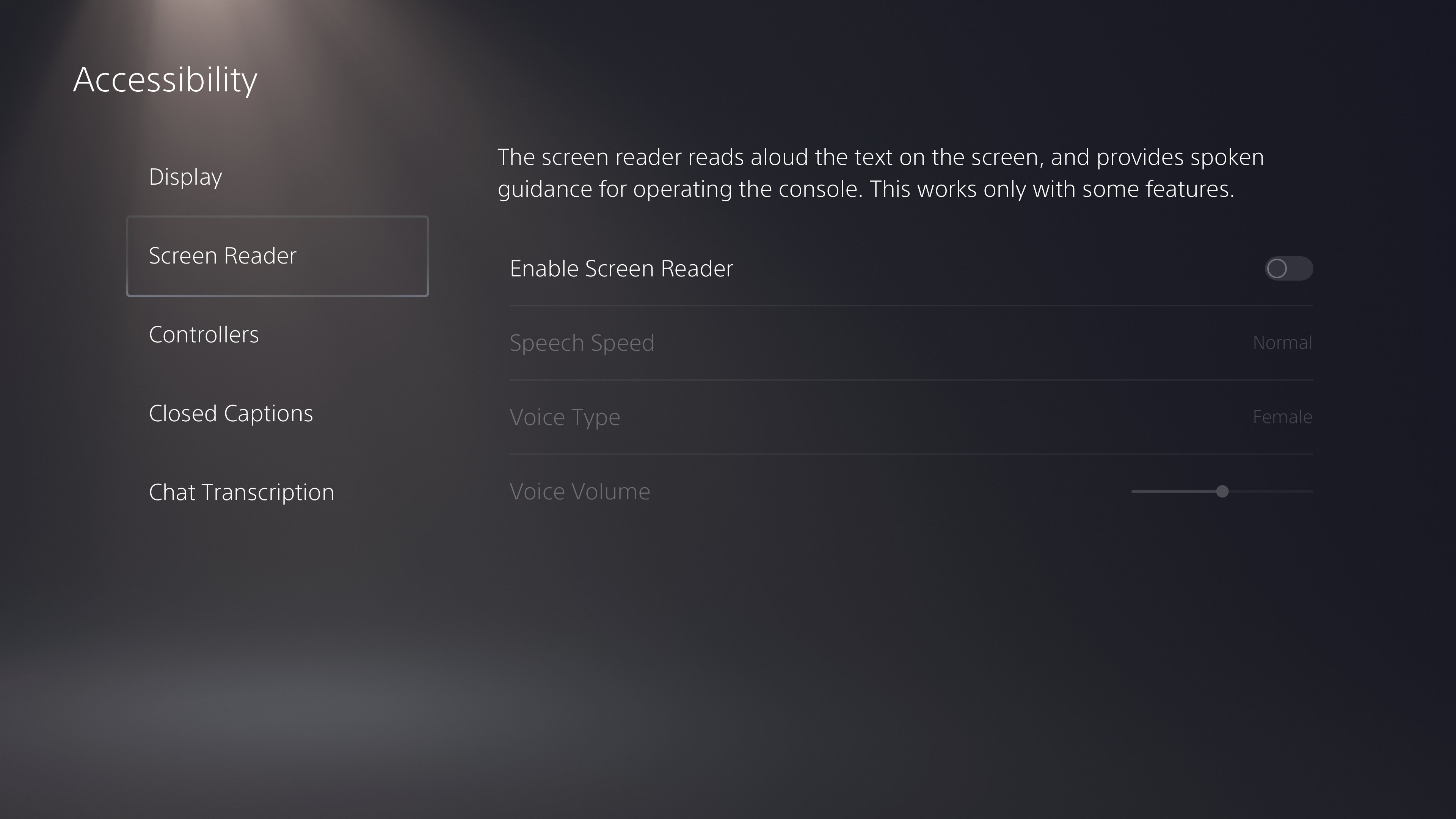 Screenshot of the PS5 User Interface for screen reader functions