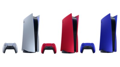Фотография панелей корпуса консоли PS5 с изображением шести различных цветовых решений