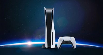  PS5 console standing vertically on the horizon of a planet