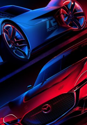 يظهر في صورة غلاف لعبة Gran Turismo 7 شعار اللعبة بخلفية باللونين الأحمر والأزرق