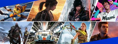 PS5 games banner featuring Ratchet & Clank: Rift Apart, The Last of Us Part I, Gran Turismo 7, Horizon Forbidden West, God of War: Ragnarok, Deathloop, Returnal and MLB The Show 22