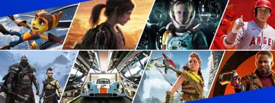 แบนเนอร์เกม PS5 ประกอบด้วย Ratchet & Clank: Rift Apart, The Last of Us Part I, Gran Turismo 7, Horizon Forbidden West, God of War: Ragnarok, Deathloop, Returnal และ MLB The Show 22