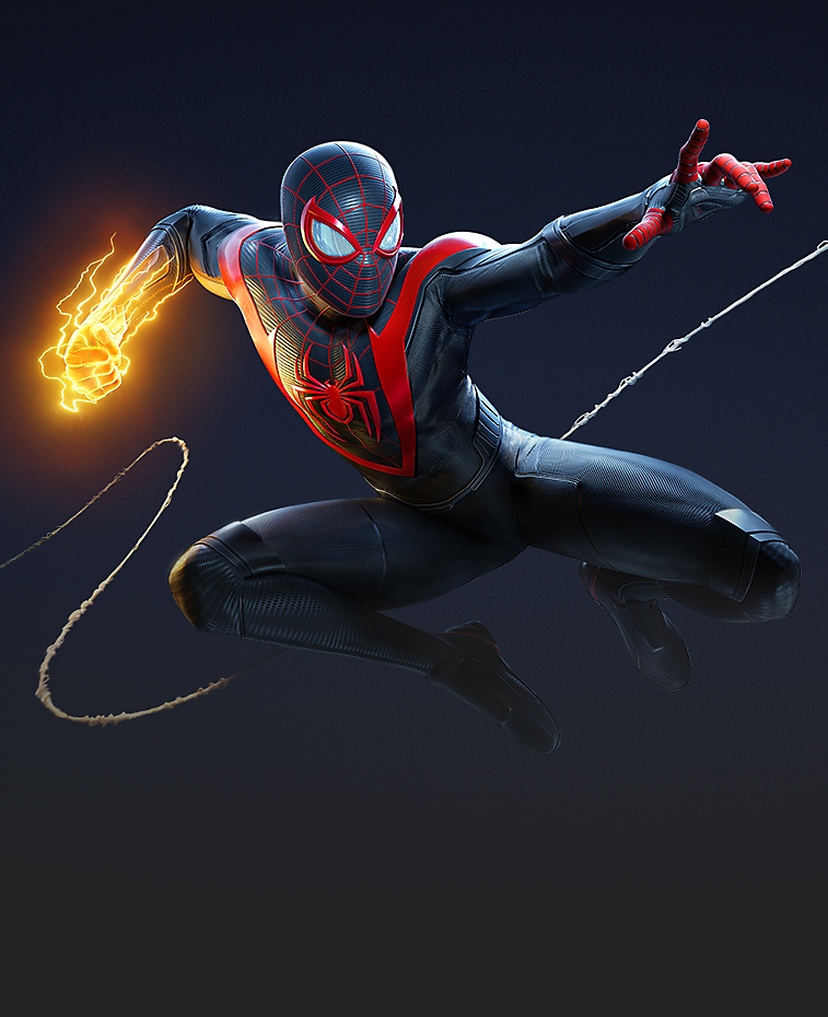 Spiderman Miles Morales – promokuvitusta jossa nähdään Miles Morales hehkuvanyrkkisenä Spidermanina