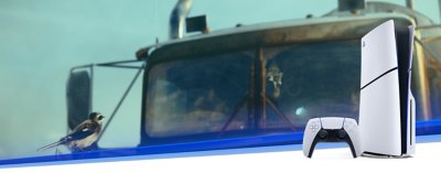 PS5 animated hero background showing brand images and shapes