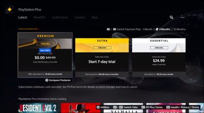 Interface PS5 expliquant l'offre PlayStation Plus et montrant le sélecteur de niveau