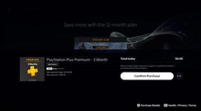 Benutzeroberfläche von PS5 mit Erklärungen zum 3-monatigen Bundle-Angebot von PlayStation Plus.