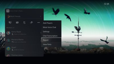 PS5 console user interface showing how to report a voice chat